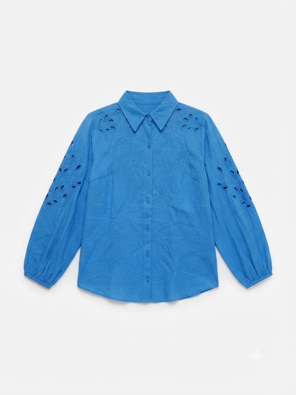 ⁠LOGO Lavish Blue Embroidered Eyelet Button Down Shirt Blouse Womens XS Boho⁠